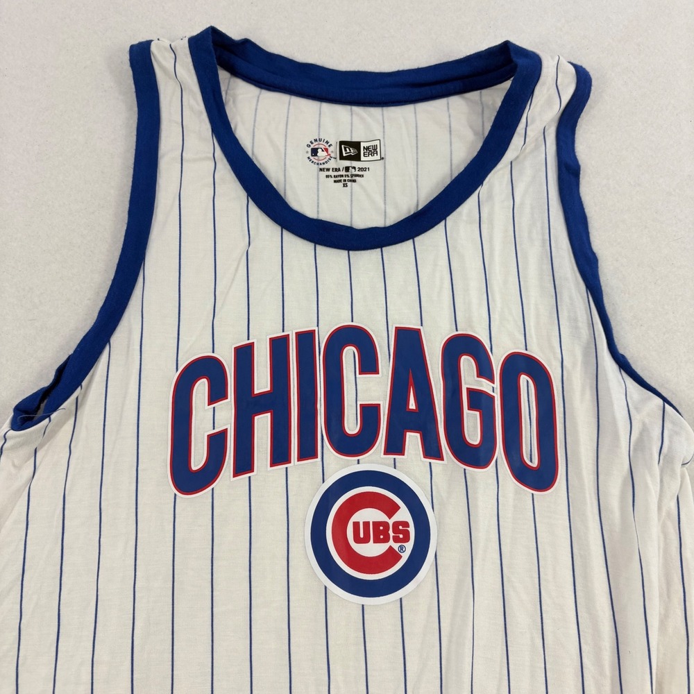 New Era Chicago Cubs Tank Top Women XS White Blue Pinstripe Sleeveless Baseball